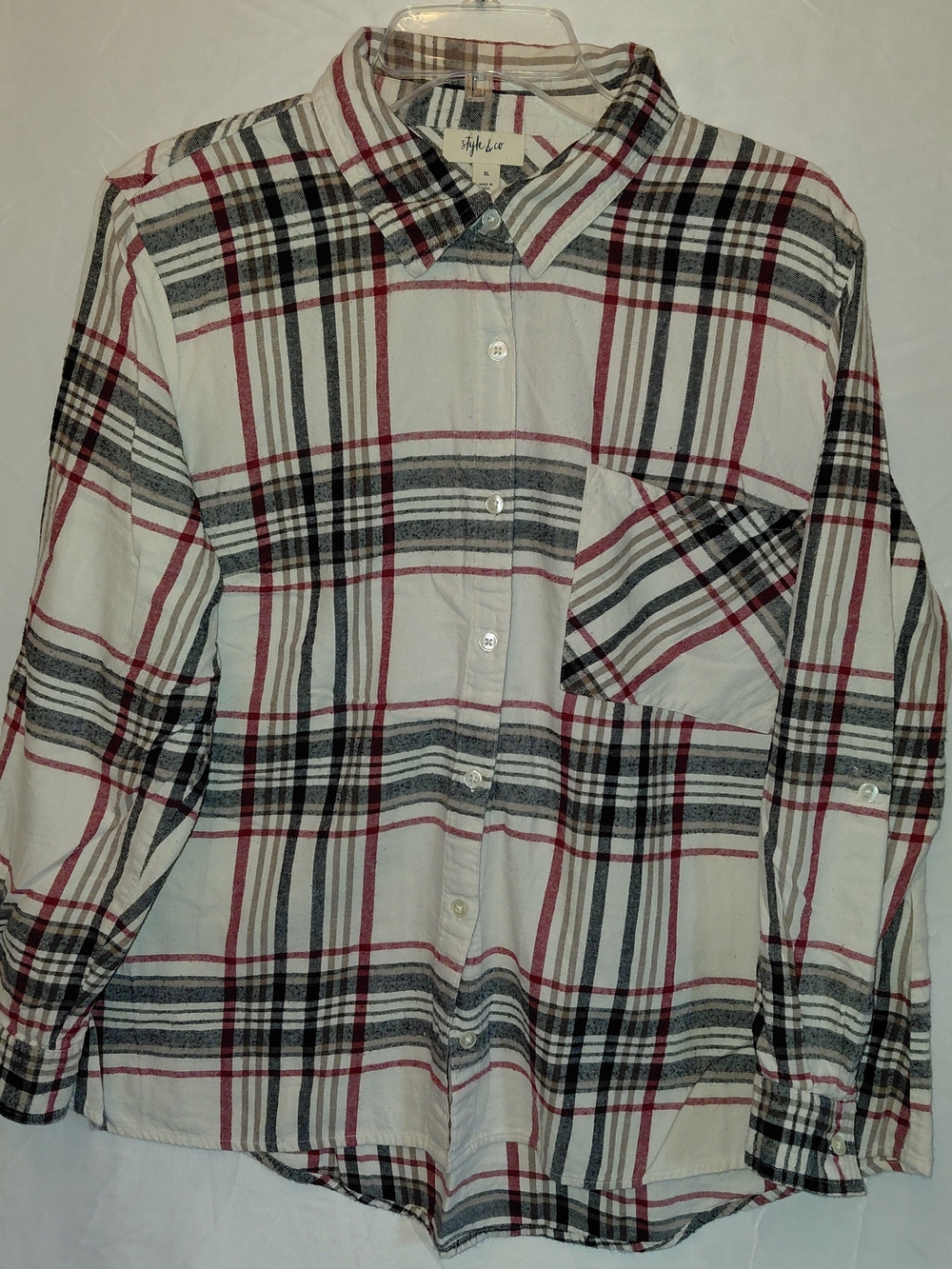 Style & Co. White Plaid Button-Down Shirt with Red & Black Stripes